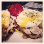 Seafood Breakfast for Dinner: Potato Parsnip Pancakes with Shaved Crab, Poached Eggs and Breakfast Cocktail Sauce