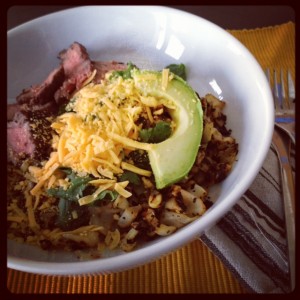     Grilled Cabbage Slaw Salad with Seared Flank Steak and Galaxy Rice Cheese